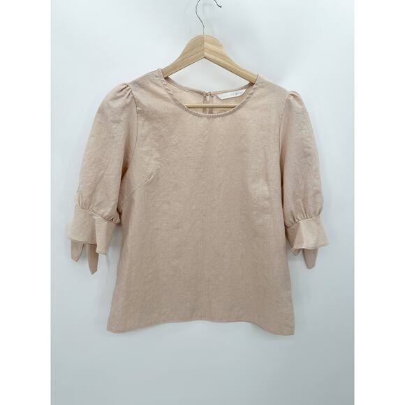 Olive Des Olive Top Women SIZE L Cream Short Sleeve Tie Cuff Keyhole Button Back - Picture 8 of 8